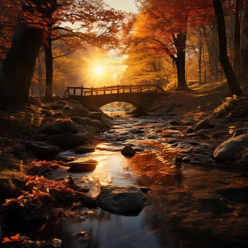 a stream runs under an old wooden bridge in an autumn forest, next to it stands an abandoned cabin, by Alexander Brook, shutterstock contest winner, hudson river school, warm sunset colors, 8 k vertical wallpaper, sunny amber morning light, landscape photography 4k, early autumn, an ancient, 4k. high quality, glowing amber, sunset in a valley, beautiful image --s 250 --v 5.2 --style raw