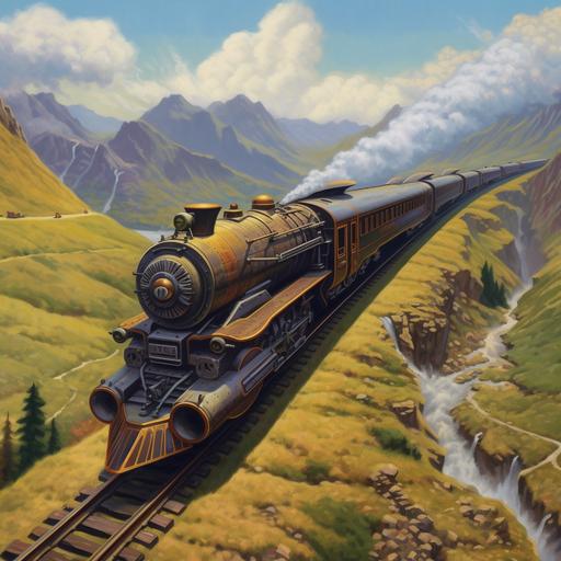 a streamlined steampunk long boilered steam locomotive in a beautiful highland valley, being chased by fighter planes