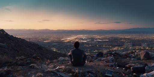 a stressed fit muscled guy depressed in the middle of a landfill at twilight, looking at las vegas in the distance, cinematic movie still --ar 2:1 --style raw  --v 5.2