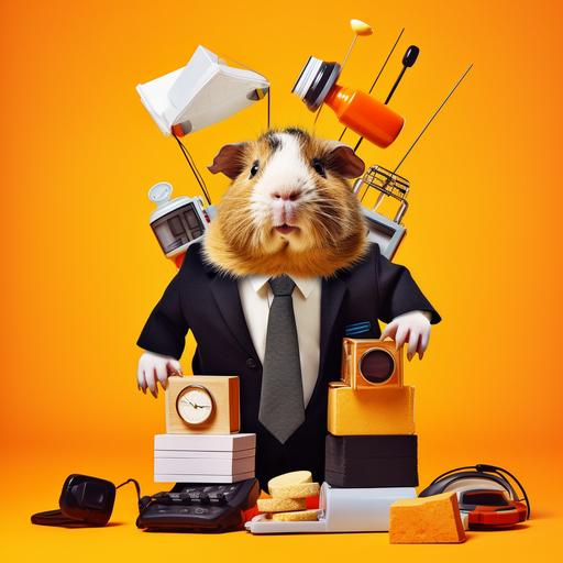 a stressed guinea pig in a business suit balancing on its head 40 different office and household items of different shapes and sizes whilst making a phone call