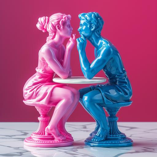 a striking deep pink statue of a marble young woman is flirting with a statue of blue marble handsome man the colours are striking and contrast strongly with the background the female statue is touching the male statues face cheekily and they are sitting at a table on a date, strong contrast, high contrast, image pops, dating, love, flirtatious, flirting, beautiful woman, attractive girl, handsome man --v 6.0