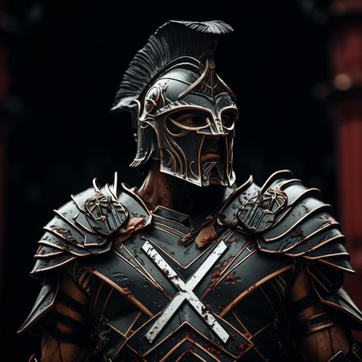 a strong gladiator wearing this logo :  on his armor, he stands proud, no background, high details, 4k --s 750