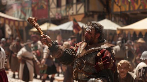 a strong man at a renaissance festival eating a turkey leg getting hit in the head by a thin wooden stick. photorealistic. realistic. --ar 16:9