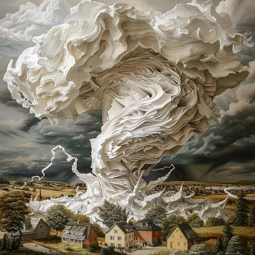 a strong storm approaching a town, vewed from the sky, cloud is made of scrolled paper, very three dimensional, also at the bottom of the cloud is a tornado.