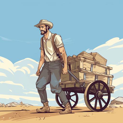 a struggling farmer pulling a heavy cart with boxes, cartoon illustration style