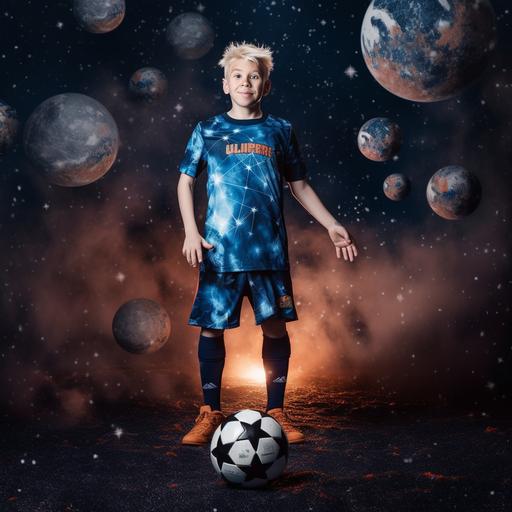 a stud named jace who is celebrating his birthday and dressed like Messi the soccer player. He's standing on Mars with a blue soccer ball under his foot. There are asteroids flying by. He looks like a god. --v 5 --s 250