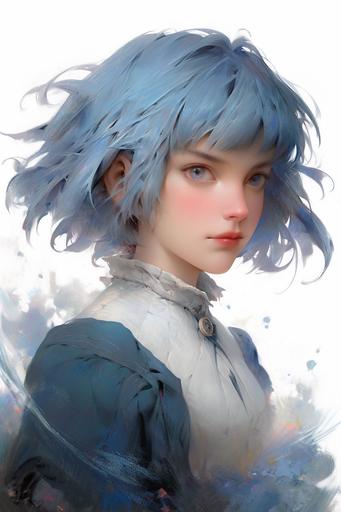 a studio ghibli movie-still of sophie from howl's moving castle as an anime girl with periwinkle blue hair is looking at the camera, in the style of fernand toussaint, in the style of official art, aurorapunk, close up, ruan jia, charles spencelayh, exaggerated nobility, happenings, sharp focus, white background --ar 2:3 --niji 5