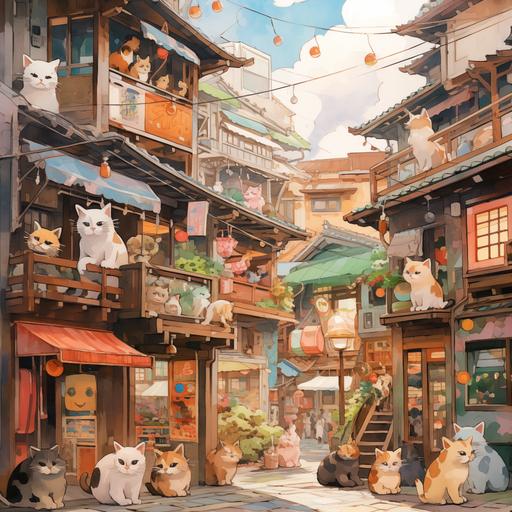 a studio ghibli style painting of neko cats hanging out in kyoto, colorful