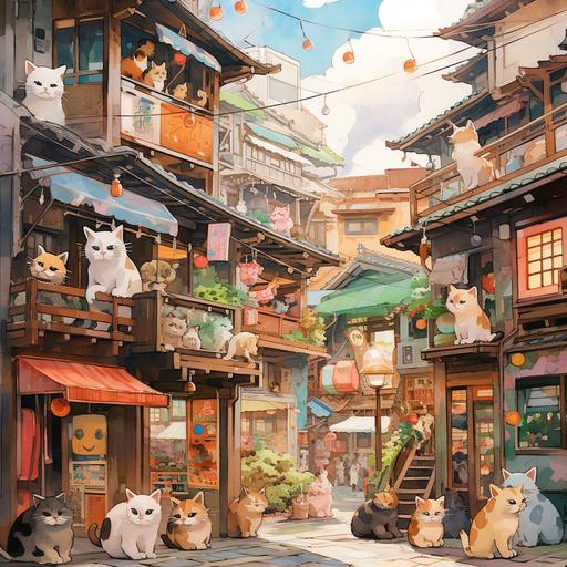 a studio ghibli style painting of neko cats hanging out in kyoto, colorful