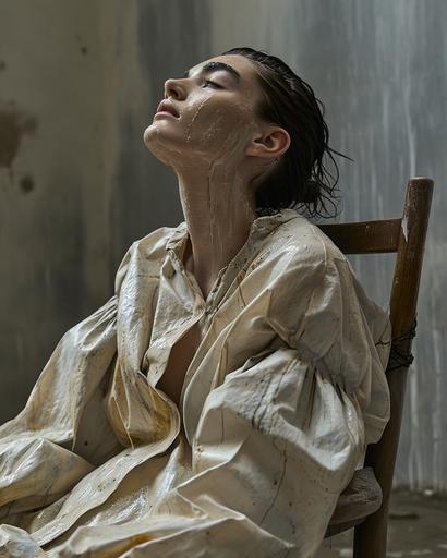 a studio photoshoot for Dazed magazine of the young female model wearing clothes made from stoneware. The model is reclining in a chair and she's gazing skyward. Her hair is wet and covered with pottery slip. Pottery slip is dripping from her hands --ar 8:10 --v 6.0