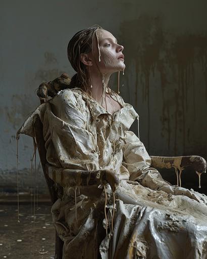 a studio photoshoot for Dazed magazine of the young female model wearing clothes made from stoneware. The model is reclining in a chair and she's gazing skyward. Her hair is wet and covered with pottery slip. Pottery slip is dripping from her hands --ar 8:10 --v 6.0