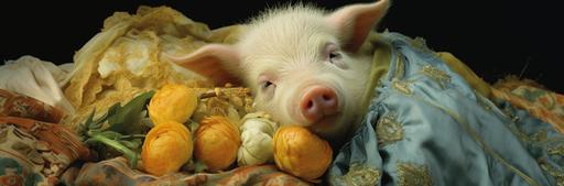 a stuffed porkchop piggy sleeping on straw, in the style of anne geddes, yellow and emerald, larry sultan, exquisite clothing detail, associated press photo, traditional costumes, pastel --ar 187:62 --q 2 --s 250