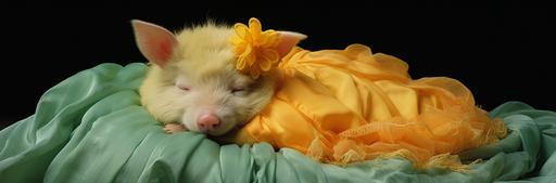 a stuffed porkchop piggy sleeping on straw, in the style of anne geddes, yellow and emerald, larry sultan, exquisite clothing detail, associated press photo, traditional costumes, pastel --ar 187:62 --q 2 --s 250