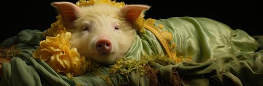 a stuffed porkchop piggy sleeping on straw, in the style of anne geddes, yellow and emerald, larry sultan, exquisite clothing detail, associated press photo, traditional costumes, pastel --ar 187:62 --q 2 --s 250