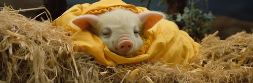 a stuffed porkchop piggy sleeping on straw, in the style of anne geddes, yellow and emerald, larry sultan, exquisite clothing detail, associated press photo, traditional costumes, pastel --ar 187:62 --q 2 --s 250