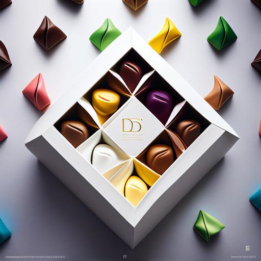 a stunning food design photography for a box of artisan pralines, white square box with the DS initials logo, chocolate, colorful shine pralines, minimalistic design, minimalism