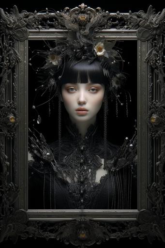 a stunning interpretation of thin ornate abstract picture frame, narrow baguette frame bevel, feathers, flowers, gems, crown, tiara, dagger + highly detailed and intricate, hypermaximalist, black, ornate, luxury, elite, creepy, ominous, haunting, matte painting, cinematic, cgsociety, in the style of Ernst Haeckel, Charles Audubon --ar 2:3 --v 5.2