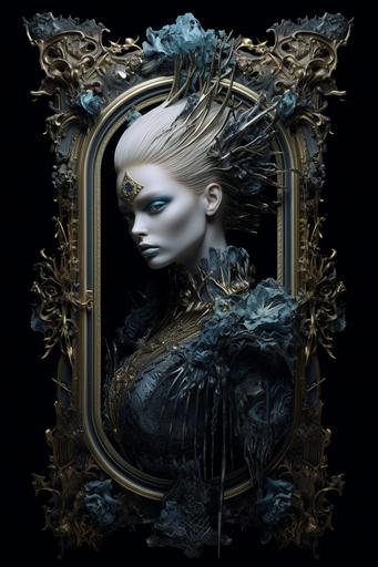a stunning interpretation of thin ornate abstract picture frame, narrow baguette frame bevel, feathers, flowers, gems, crown, tiara, dagger + highly detailed and intricate, hypermaximalist, black, ornate, luxury, elite, creepy, ominous, haunting, matte painting, cinematic, cgsociety, in the style of Ernst Haeckel, Charles Audubon --ar 2:3 --v 5.2