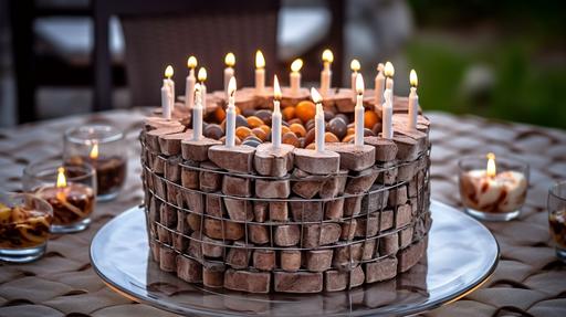 a stunning photograph of a beautiful birthday big cake made from gabions. There are tall candles on the cake. The cake is cut and there is a slice of cake on plate ready to be served. The cake is on the birthday party enviroment.. The cake is the illusion of the real gabion made from meta wire and filled with stones. But it still looks like a cake you can eat. natural light, DSLR, 4k --ar 16:9 --v 5.1