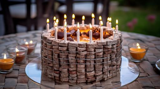 a stunning photograph of a beautiful birthday big cake made from gabions. There are tall candles on the cake. The cake is cut and there is a slice of cake on plate ready to be served. The cake is on the birthday party enviroment.. The cake is the illusion of the real gabion made from meta wire and filled with stones. But it still looks like a cake you can eat. natural light, DSLR, 4k --ar 16:9 --v 5.1
