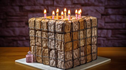 a stunning photograph of a beautiful birthday big cake in cube shape. The cake is cut in half. The cake is made from gabions. The cake is filled with biscuits that looks like stones. There are tall candles on the cake. The cake is on the birthday party enviroment.. The cake is the illusion of the real gabion made from meta wire and filled with stones. But it still looks like a cake you can eat. natural light, DSLR, 4k --ar 16:9 --v 5.1