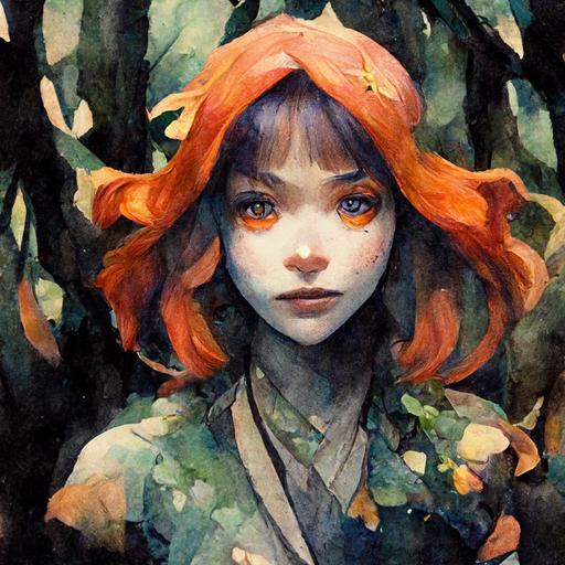 a stunning watercolor anime interpretation of a young ebony woman with large eyes, orange hair, forest background, DnD character, highly detailed and intricate, ornate, haunting, matte painting, cinematic, watercolors, cgsociety, James jean, Brian froud, ross tran