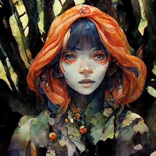 a stunning watercolor anime interpretation of a young ebony woman with large eyes, orange hair, forest background, DnD character, highly detailed and intricate, ornate, haunting, matte painting, cinematic, watercolors, cgsociety, James jean, Brian froud, ross tran