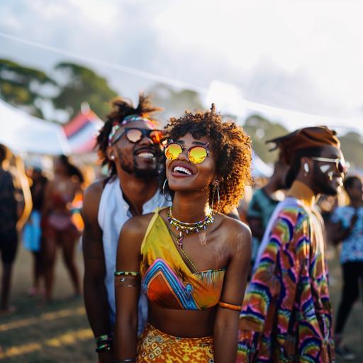 a stylish african american good looking couple podcaster exploring a music festival event together in durban south africa. Background music festival vibrant high energy
