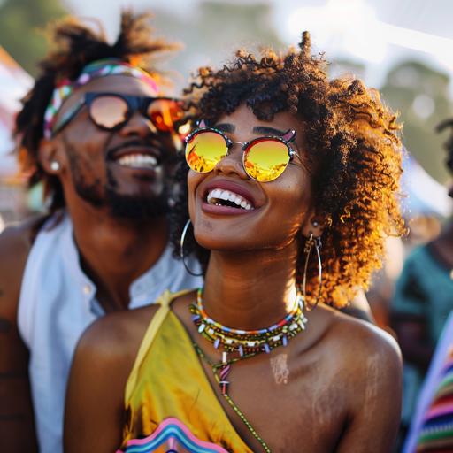 a stylish african american good looking couple podcaster exploring a music festival event together in durban south africa. Background music festival vibrant high energy