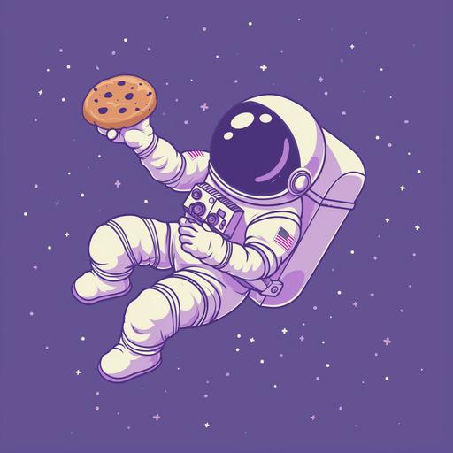 a stylized cartoon astronaut floating in space holding a cookie, pastel purple color pallete --v 6.0