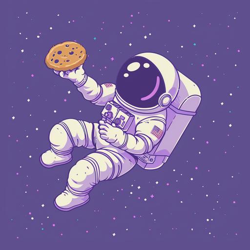 a stylized cartoon astronaut floating in space holding a cookie, pastel purple color pallete