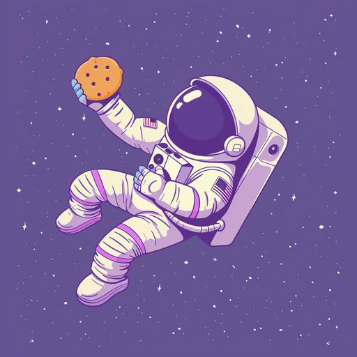 a stylized cartoon astronaut floating in space holding a cookie, pastel purple color pallete