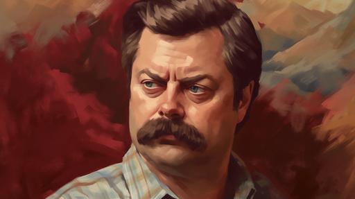 a stylized oil portrait of Ron Swanson in solid red, beige and light and dark blue --ar 16:9 --v 5.0 --s 250