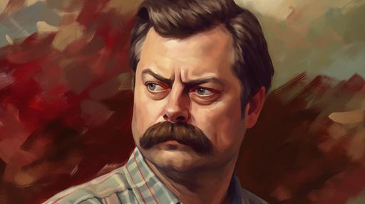 a stylized oil portrait of Ron Swanson in solid red, beige and light and dark blue --ar 16:9 --v 5.0 --s 250