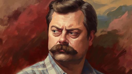 a stylized oil portrait of Ron Swanson in solid red, beige and light and dark blue --ar 16:9 --v 5.0 --s 250