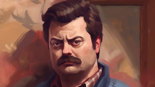 a stylized oil portrait of Ron Swanson in solid red, beige and light and dark blue --ar 16:9 --v 5.0 --s 250