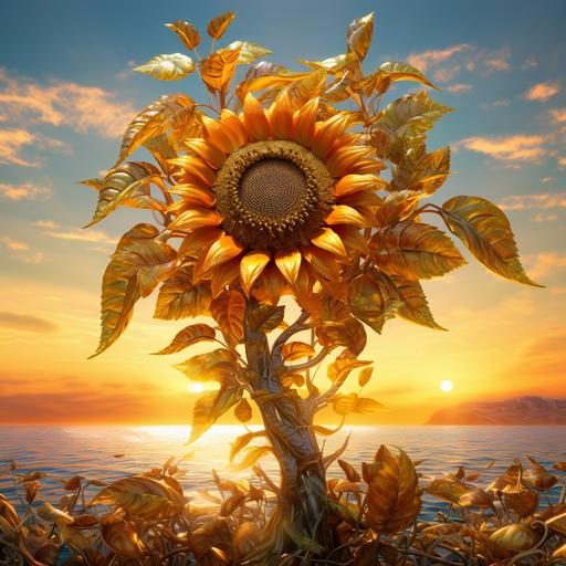 a sunflower tall with arms made of leaves . In the center of the sunflower the' flower of life symbol' is in it this sunflower oranges and yellows, standing high. The environment is the ocean with contrast