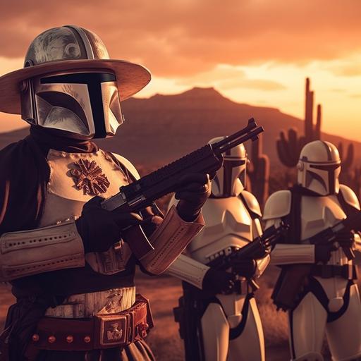 a sunset in a wild west desert with storm troopers in a Mexican mariachi playing, cowboys, Mexican mariachi band, 4k, cinematic, star wars wild west, --v 5.1 --q 5