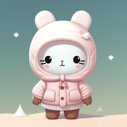 a super chubby hello kitty cartoon white bunny with super long floppy ears, outside in warm winter attire drawn in hello kitty and south park style, 2d drawing, cute aesthetic