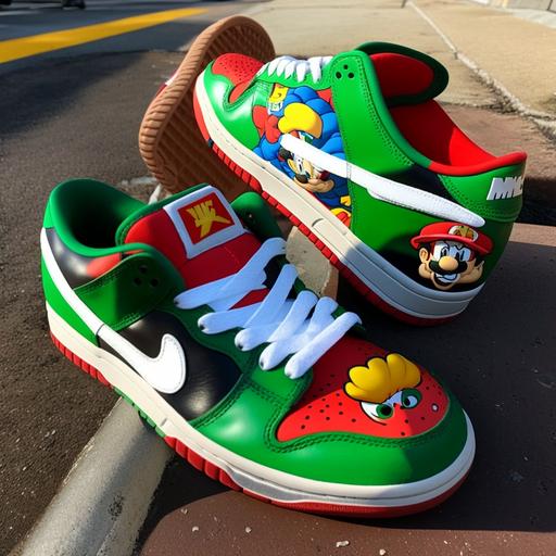 a super mario brothers custom nike dunk low with mario, and luigi with the mario karts in the background on the shoe