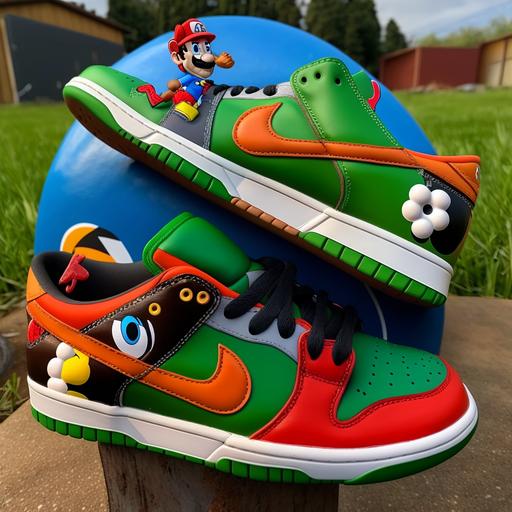 a super mario brothers custom nike dunk low with mario, and luigi with the mario karts in the background on the shoe