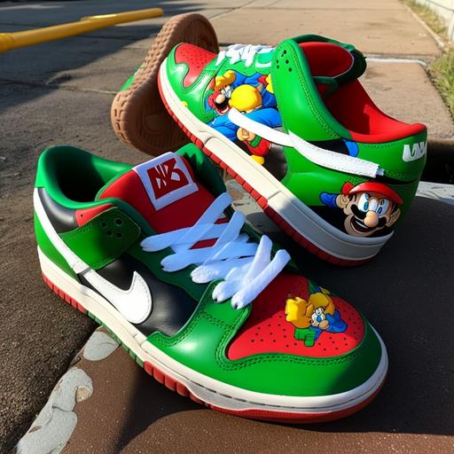 a super mario brothers custom nike dunk low with mario, and luigi with the mario karts in the background on the shoe