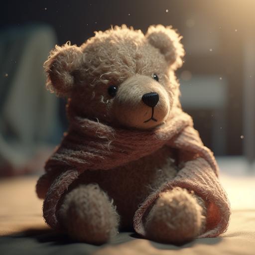 a super sad little soft teddy bear sitting on a blanket, chibi, 3D, natural lighting, full body portralt, 8k best quality, super detail, super detail, Ultra HD, cloudy. --q 2 --s 250 --v 5