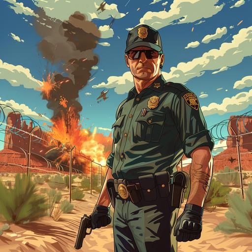 a super villainous GTA creepy cartoon border patrol officer stopping you for papers, looking angry and sneaky at a desert border, with people trying to jump the fence and explosions in the bg --s 250 --v 6.0