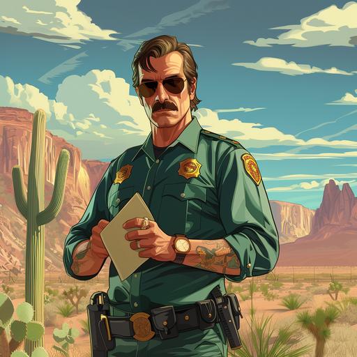 a super villainous GTA creepy cartoon border patrol officer stopping you for papers, looking angry and sneaky at a desert border --s 250 --v 6.0
