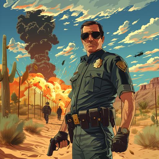 a super villainous GTA creepy cartoon border patrol officer stopping you for papers, looking angry and sneaky at a desert border, with people trying to jump the fence and explosions in the bg --s 250 --v 6.0