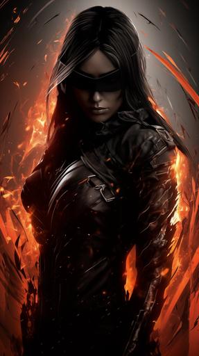 a superhero girl all in black, shiny long black hair, a hand in the shape of a huge flaming blade, full height, sparkling fire on the body, destruction, full height, pathos, darkness, superhero glasses with a reflective lens, cinematography --ar 9:16