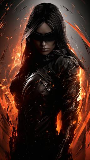 a superhero girl all in black, shiny long black hair, a hand in the shape of a huge flaming blade, full height, sparkling fire on the body, destruction, full height, pathos, darkness, superhero glasses with a reflective lens, cinematography --ar 9:16