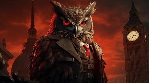 a superhero muscular horned owl with bright red eyes standing in front of the whitehouse --ar 16:9 --s 750