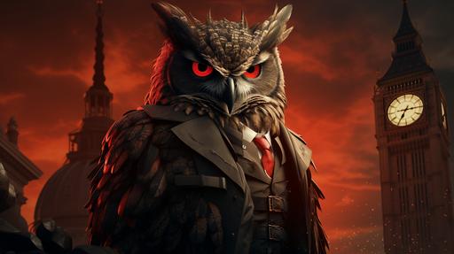 a superhero muscular horned owl with bright red eyes standing in front of the whitehouse --ar 16:9 --s 750